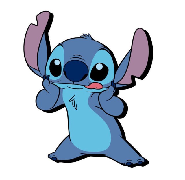 Stitch from Lilo and Stitch- blue animal with large ears sticking out his tongue