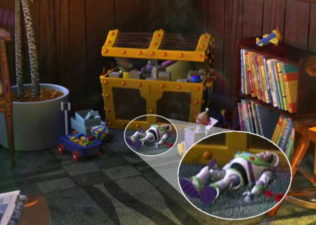 Buzz Lightyear is seen lying on the floor in the Toy Story dentist’s waiting room with other toys.