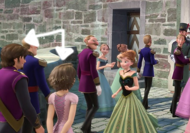Rapunzel and Flynn Ryder in front of Anna outside of the castle