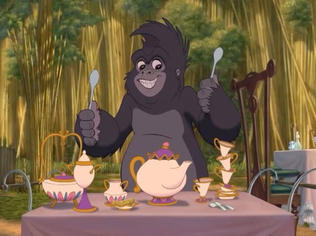 Terk drumming on a tea set that looks like Mrs. Potts and Chip Potts