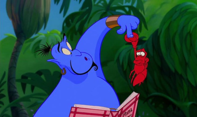 Genie pulling Sebastion out of a cookbook