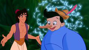 Aladdin conversing with the Genie with Pinnochio's head