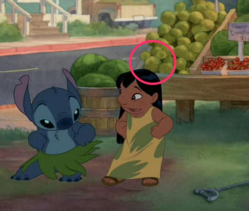 Lilo teaching Stitch to hula with a hidden mickey made of fruit in the back
