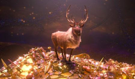 Sven from Frozen standing on a large pile of gold in Moana