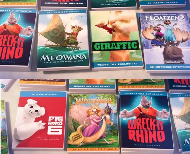 warped Disney movies in Zootopia- including Wrangled, Wreck-it-Rhino, and Pig Hero 6.
